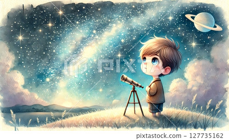 Illustration of a boy looking up at the shining starry sky 127735162