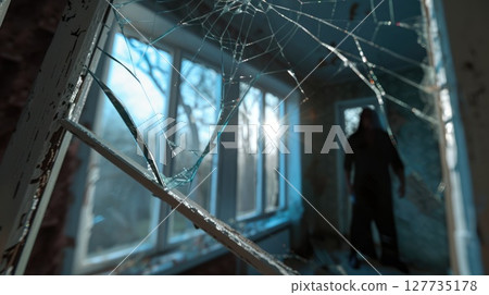 A dimly lit room showcases shattered glass, casting eerie shadows. A mysterious figure lurks in the background, enhancing the unsettling vibe reminiscent of Friday the 13th. A dimly lit room showcases shattered glass, casting eerie shadows. A mysterious figure lurks in the background, enhancing the unsettling vibe reminiscent of Friday the 13th. 127735178