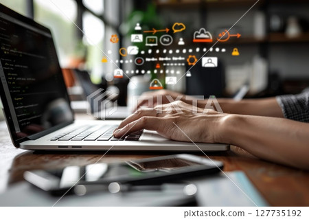 Internet webinar: digital education, online learning, virtual classroom, interactive session, video tutorial, knowledge sharing, remote teaching, e-learning platform, technological advancement 127735192