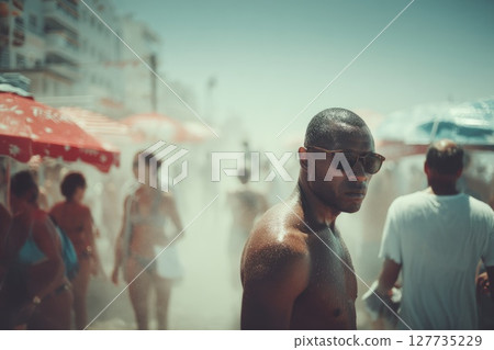 Hot weather: summer heat, stuffy street, warm sunlight, outdoor warmth, blazing air, bright sky, rising pressure, human discomfort, sultry climate, sunny day 127735229