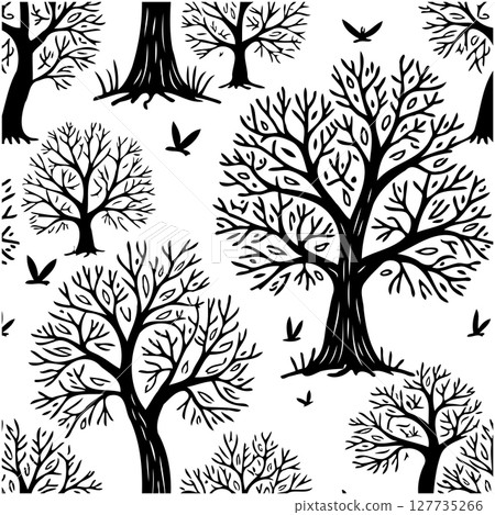 Elegant Seamless Pattern of Trees and Birds in Black and White Silhouette 127735266