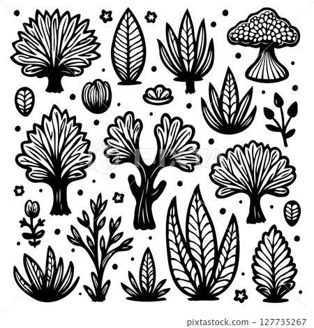 Elegant black and white foliage collection for creative and design projects 127735267