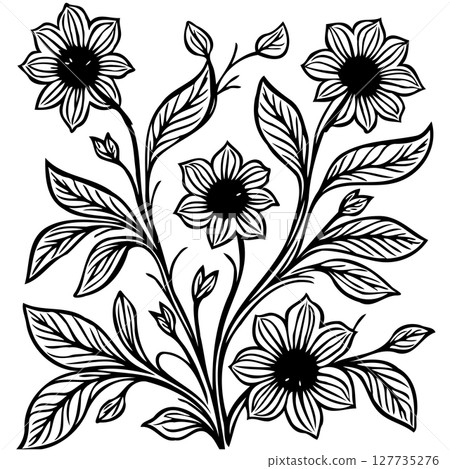 Elegant floral arrangement featuring stylized blossoms and leaves in black and white Elegant floral arrangement featuring stylized blossoms and leaves in black and white 127735276