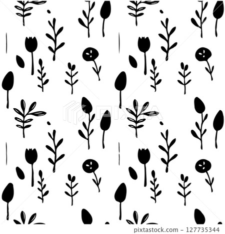 Monochrome botanical pattern with flowers, leaves, and branches illustration 127735344