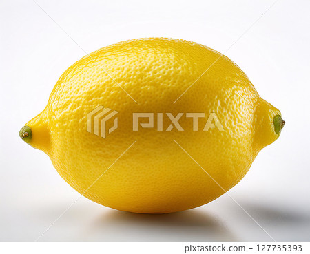 A bright yellow lemon with a textured peel, photographed against a white background A bright yellow lemon with a textured peel, photographed against a white background 127735393