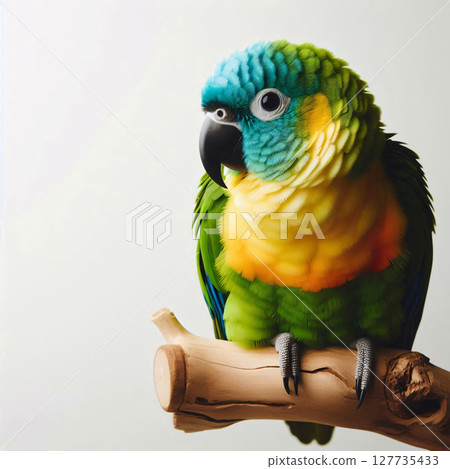 A vibrant blue and yellow parrot perches on a wooden branch against a white background A vibrant blue and yellow parrot perches on a wooden branch against a white background 127735433