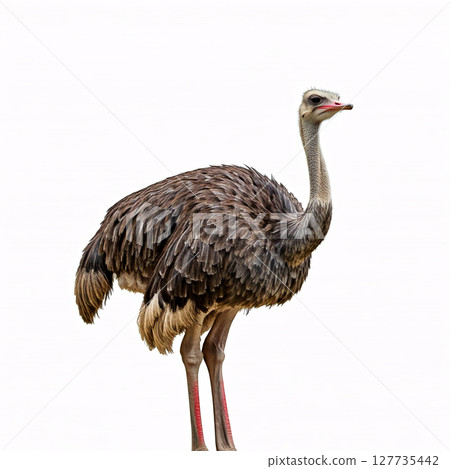 A large gray ostrich with long legs and a long neck stands on a white background 127735442