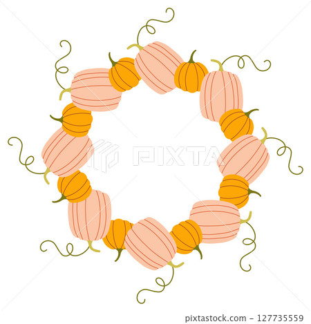 Pumpkin circle frame. Round border made of fall pumpkins. The pumpkins have different shapes and are arranged in a circle. Vector flat isolated on white background. 127735559