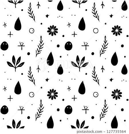 Elegant seamless vector pattern with raindrops, leaves, and floral elements 127735564