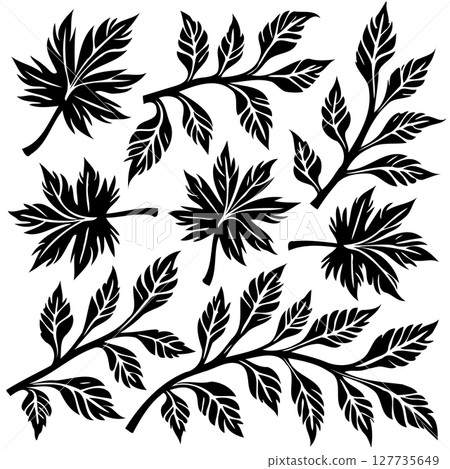 Elegant black and white vector illustration of decorative leaf branches 127735649