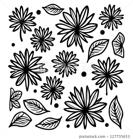 Elegant floral arrangement illustration in black and white with leafy elements Elegant floral arrangement illustration in black and white with leafy elements 127735653