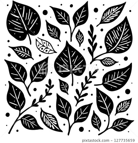 Elegant Botanical Black and White Leaves Pattern Illustration for Creative Designs 127735659