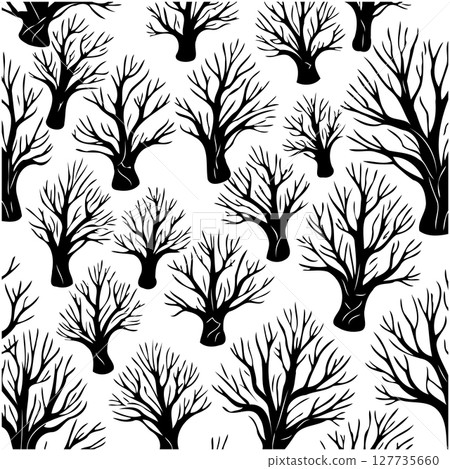 Seamless Pattern of Bare Trees Silhouettes on White Background for Winter Designs 127735660