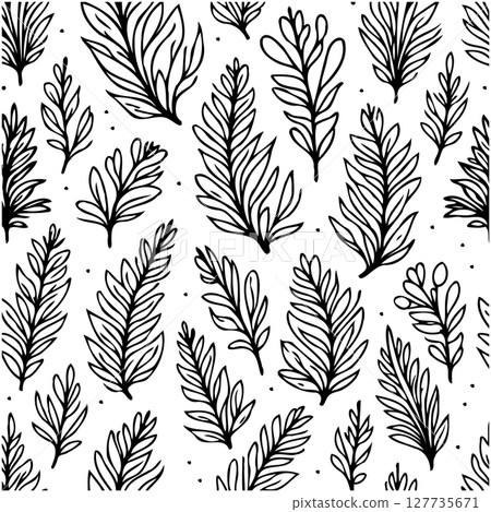 Seamless botanical pattern featuring stylized leafy branches in black and white Seamless botanical pattern featuring stylized leafy branches in black and white 127735671