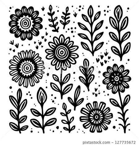 Hand-Drawn Floral Vector Illustration with Detailed Flowers and Leafy Accents 127735672
