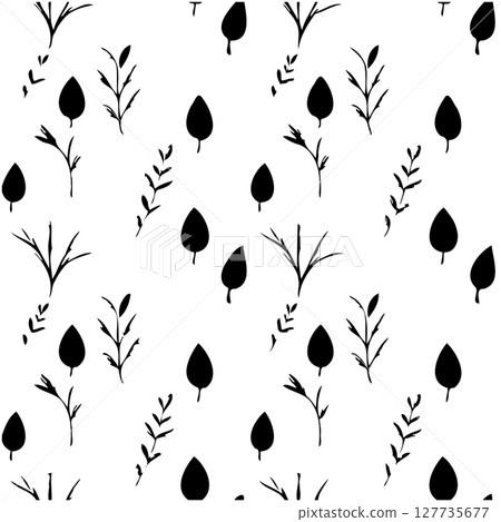 Minimalist Black and White Seamless Pattern of Leaves and Branches for Textile Design 127735677