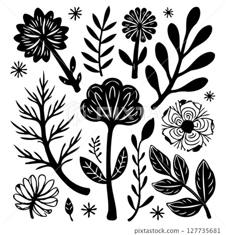 Elegant floral collection, botanical illustration, hand drawn style, artistic design 127735681