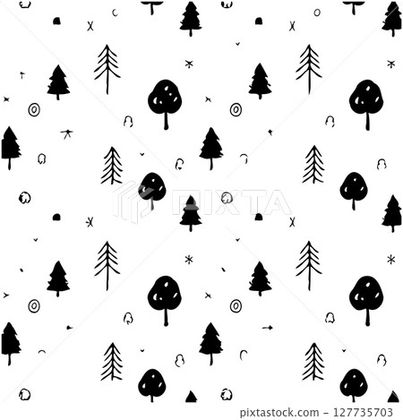 Charming Hand-Drawn Forest Pattern: Whimsical Tree Silhouettes on a White Background Charming Hand-Drawn Forest Pattern: Whimsical Tree Silhouettes on a White Background 127735703
