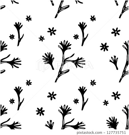 Hand-Drawn Floral Pattern: Seamless Black and White Design for Versatile Use Hand-Drawn Floral Pattern: Seamless Black and White Design for Versatile Use 127735751