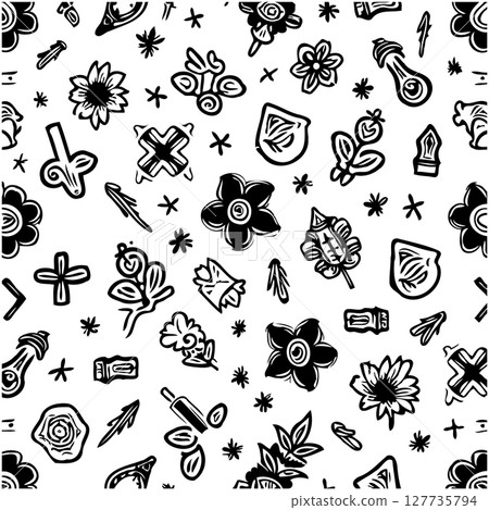 Monochrome floral and geometric patterns create an intricate seamless background design Monochrome floral and geometric patterns create an intricate seamless background design 127735794