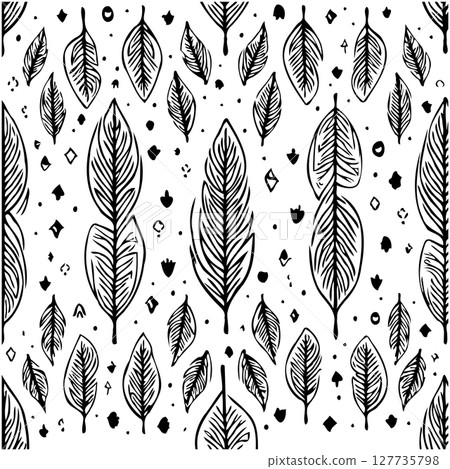Elegant Black and White Seamless Pattern Featuring Hand-Drawn Feather Illustrations Elegant Black and White Seamless Pattern Featuring Hand-Drawn Feather Illustrations 127735798