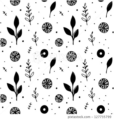 Minimalist botanical pattern featuring leaves, branches, and citrus on a white background Minimalist botanical pattern featuring leaves, branches, and citrus on a white background 127735799