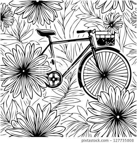 Charming Bicycle Illustration with Floral Background in Black and White, Ideal for Coloring Books Charming Bicycle Illustration with Floral Background in Black and White, Ideal for Coloring Books 127735808