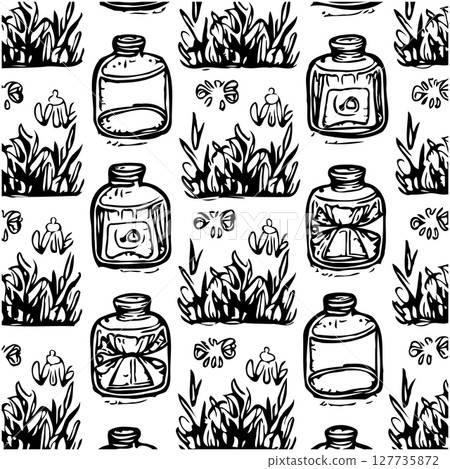 Hand-Drawn Vintage Apothecary Bottles and Medicinal Herbs in Seamless Pattern Hand-Drawn Vintage Apothecary Bottles and Medicinal Herbs in Seamless Pattern 127735872