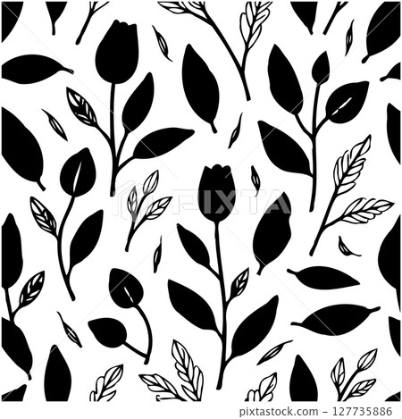 Elegant floral pattern of tulips and leaves in a monochrome black and white design 127735886