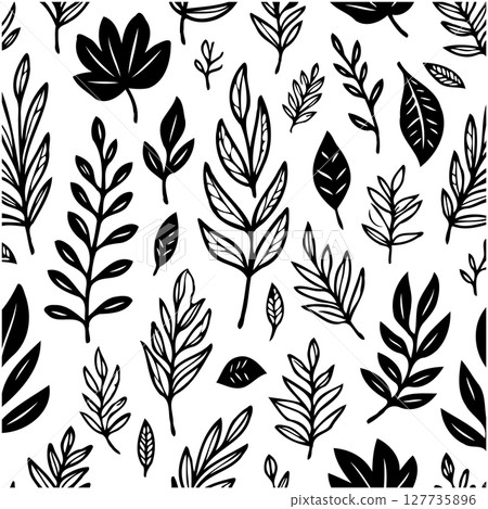 Seamless botanical pattern featuring various leaf shapes in black and white monochrome 127735896