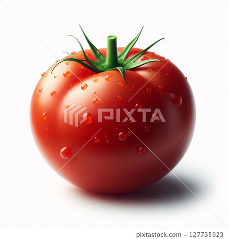 A large, ripe tomato with a green stem and water droplets sits on a white background 127735923