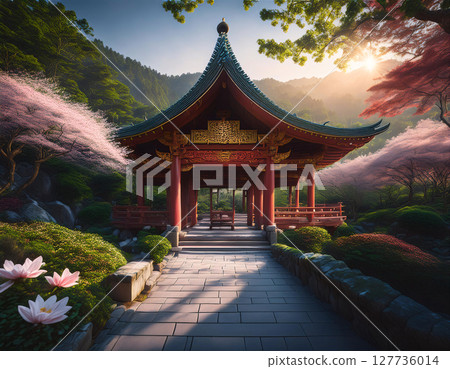 A serene Japanese temple surrounded by lush greenery and blooming cherry blossoms, with a stone path leading to the entrance under a golden sunrise 127736014