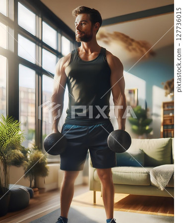 A person in athletic wear stands in a well-lit room holding dumbbells, with sunlight streaming through large windows, creating a serene workout environment 127736015