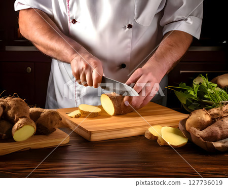 A chef slices fresh sweet potatoes on wooden cutting boards, with dramatic lighting highlighting the precise knife work and root vegetables 127736019