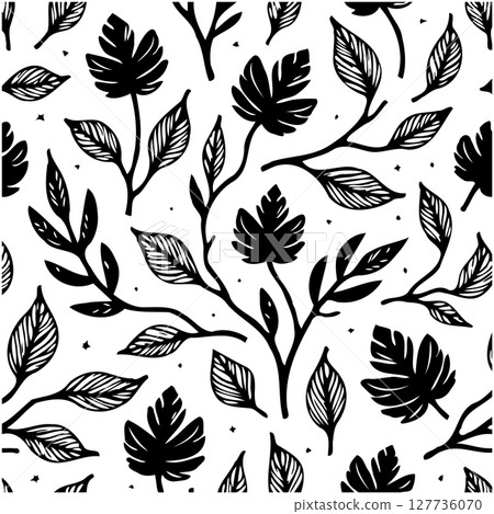 Elegant botanical black and white seamless pattern with leaves and branches 127736070
