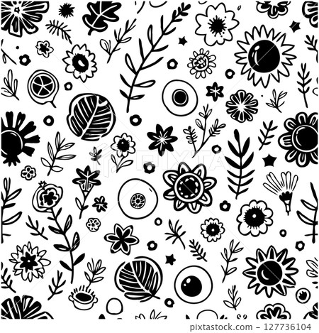 Floral vector background, seamless pattern with hand-drawn flowers and leaves, botanical Floral vector background, seamless pattern with hand-drawn flowers and leaves, botanical 127736104