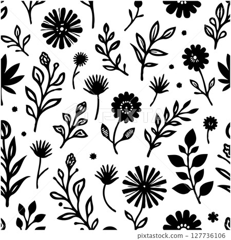 Elegant botanical seamless pattern with floral elements in black and white monochrome 127736106