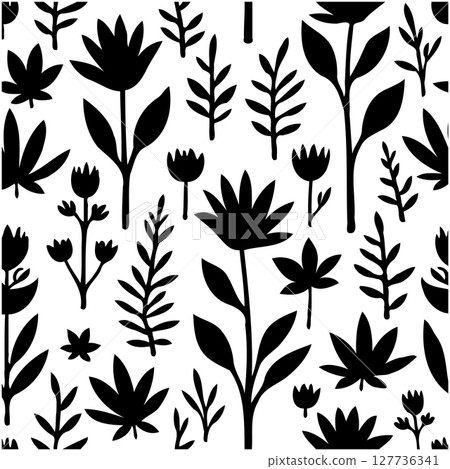 Elegant Black and White Floral Silhouette Pattern for Textile and Background Design Elegant Black and White Floral Silhouette Pattern for Textile and Background Design 127736341