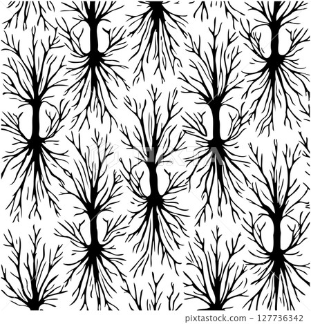 Monochrome seamless pattern featuring stylized trees with intricate branch details 127736342