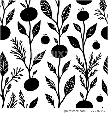 Monochrome Botanical Illustration: Seamless Pattern of Plants and Floral Elements 127736357