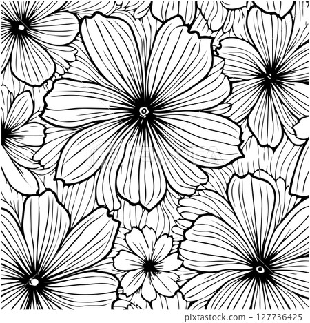 Floral pattern in black and white with intricate line work and stylized design Floral pattern in black and white with intricate line work and stylized design 127736425