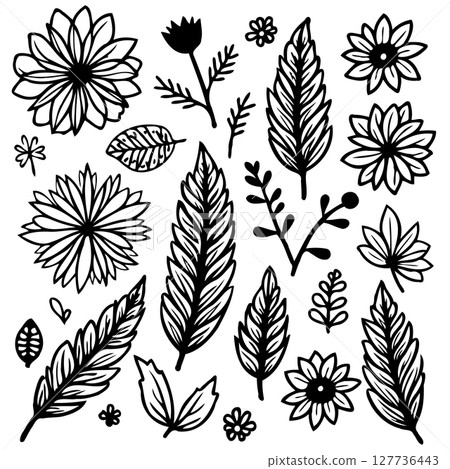 Set of hand-drawn floral elements, including flowers, leaves, and branches in vector format Set of hand-drawn floral elements, including flowers, leaves, and branches in vector format 127736443