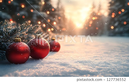 Festive Red Ornaments in Snowy Forest with Bokeh and Golden Ligh 127736552