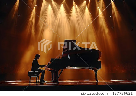 Grand piano performance stage musician silhouette in warm light Grand piano performance stage musician silhouette in warm light 127736621