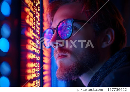 Young man looking at futuristic digital display Young man looking at futuristic digital display 127736622