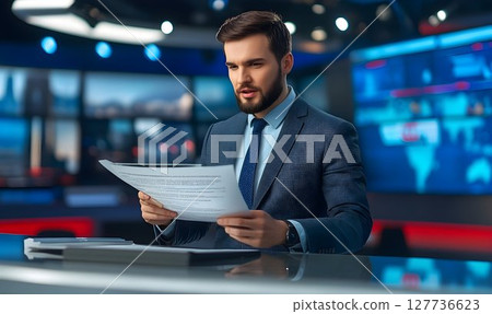 News anchor reviewing documents in television studio News anchor reviewing documents in television studio 127736623
