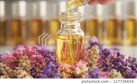 Essential oil pouring into bottle with lavender flowers Essential oil pouring into bottle with lavender flowers 127736656