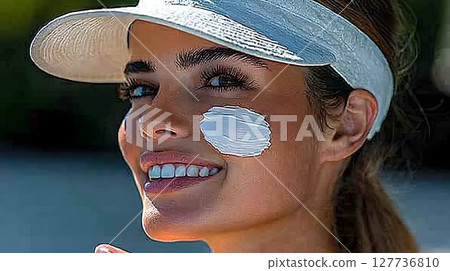 Woman Applying Sunscreen Outdoors Bright Sunlight Visor 127736810