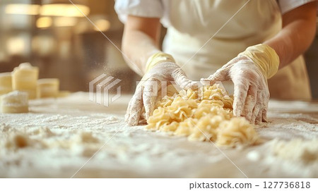 Pasta Maker's Hands Gently Shaping Fresh Dough on a Flour-Dusted Pasta Maker's Hands Gently Shaping Fresh Dough on a Flour-Dusted 127736818