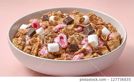 Sweet Cereal Bowl with Chocolate Chunks, Marshmallows, and Pink 127736835